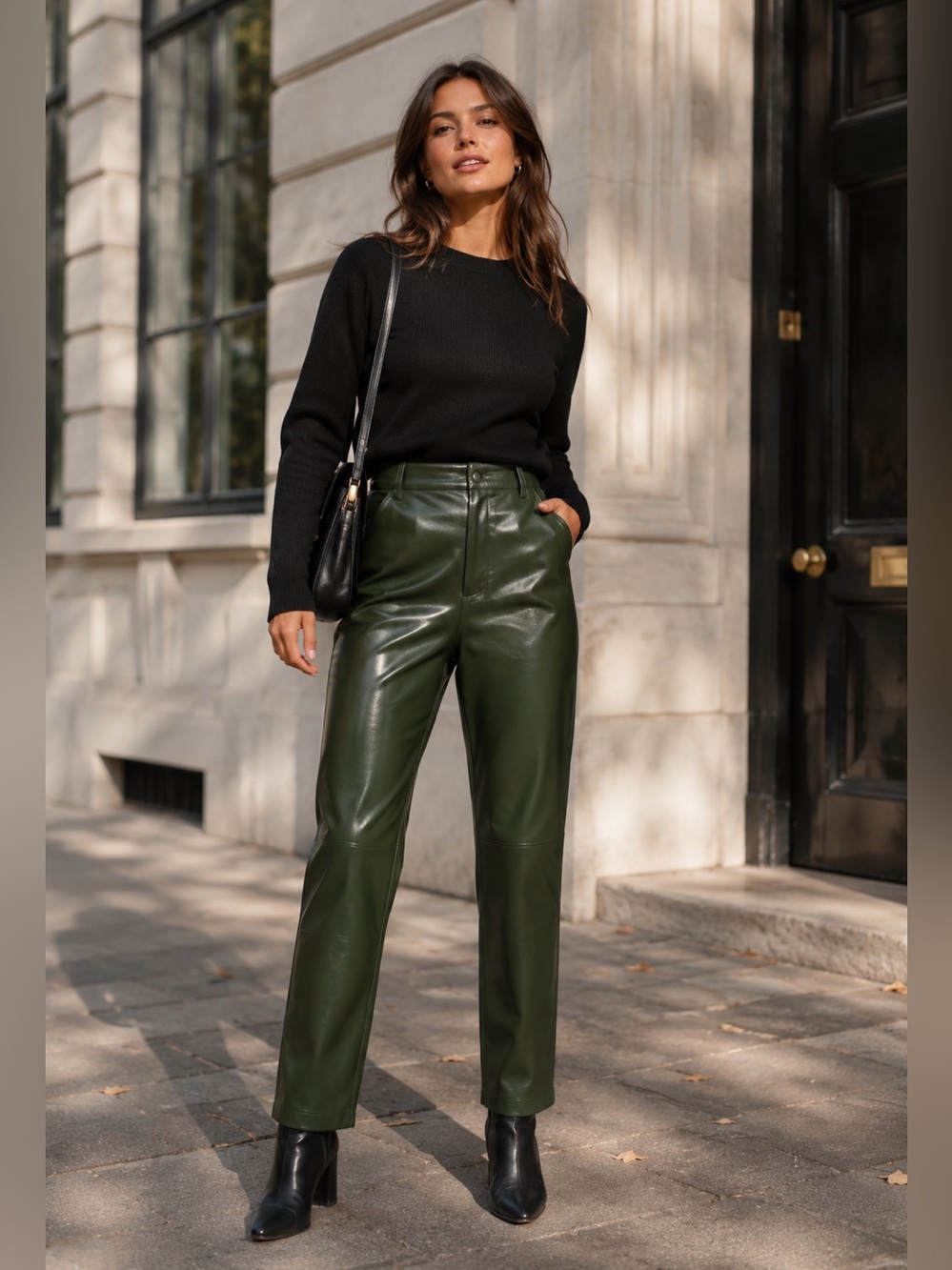 Ted Baker Dark Green Faux Leather Straight Leg Cropped Trouser